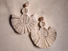 Load image into Gallery viewer, Handmade Raffia Fan Earrings, White Bohemian Dangle Earrings
