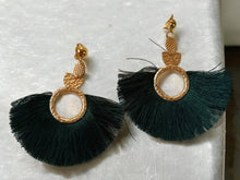Load image into Gallery viewer, Glam large Tassel Clip On Dangle Earrings  4 inch Dark green and Gold
