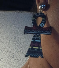 Load image into Gallery viewer, Southwestern print Wood Clip On Ankh Earrings
