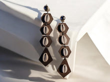 Load image into Gallery viewer, Handmade light wood and cowrie Clip On Dangle Earrings
