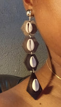 Load image into Gallery viewer, Handmade light wood and cowrie Clip On Dangle Earrings

