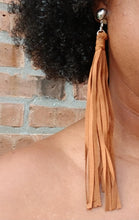 Load image into Gallery viewer, Clip on Handmade boho wood faux suede moccasin Tassel Earrings
