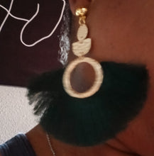 Load image into Gallery viewer, Glam large Tassel Clip On Dangle Earrings  4 inch Dark green and Gold
