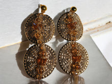 Load image into Gallery viewer, Handmade abstract Hammered Metal Charm Disc Clip On Earrings gold 4 inch
