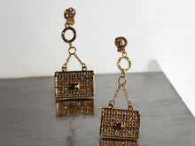 Load image into Gallery viewer, Handmade Rhinestone Purse themed dangle Clip On Earrings gold
