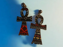 Load image into Gallery viewer, Southwestern print Wood Clip On Ankh Earrings
