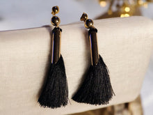 Load image into Gallery viewer, Glam Handmade tassel Clip On Earrings black/gold 5 inch
