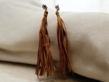 Load image into Gallery viewer, Clip on Handmade boho wood faux suede moccasin Tassel Earrings
