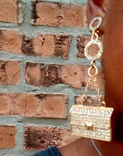 Load image into Gallery viewer, Handmade Rhinestone Purse themed dangle Clip On Earrings gold
