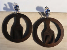 Load image into Gallery viewer, Natural Wood Afro Pick Clip On Dangle Earrings brown
