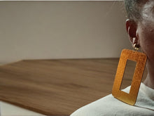 Load image into Gallery viewer, Large gold metallic faux leather and wood Clip On Earrings 4 inch
