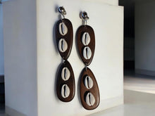 Load image into Gallery viewer, Handmade large wood and cowrie shell Clip On Earrings 4.5 inch
