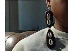 Load image into Gallery viewer, Handmade large wood and cowrie shell Clip On Earrings 4.5 inch
