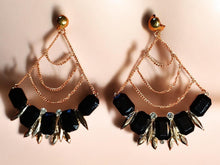 Load image into Gallery viewer, Large gold Metal and black Crystal Chandelier Clip On Earrings Gold
