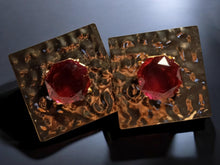 Load image into Gallery viewer, Extra Large Runway Avant Garde hammered metal and ruby rhinestone Earrings  pierced ears
