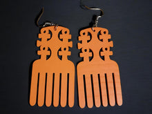 Load image into Gallery viewer, Ankh Afro Pick Abstract Wooden Earrings orange
