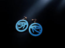 Load image into Gallery viewer, Egyptian Eye of Horus Wooden Earrings medium size blue
