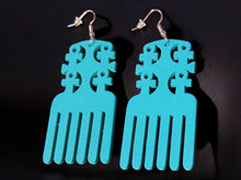 Load image into Gallery viewer, Ankh Afro Pick Abstract Wooden Earrings teal
