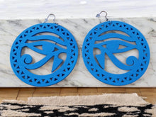 Load image into Gallery viewer, Extra large Egyptian Eye of Horus Wooden Earrings blue
