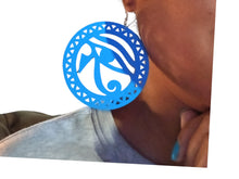 Load image into Gallery viewer, Extra large Egyptian Eye of Horus Wooden Earrings blue
