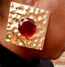 Load image into Gallery viewer, Extra Large Runway Avant Garde hammered metal and ruby rhinestone Earrings  pierced ears
