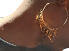 Load image into Gallery viewer, Gold hammered metal charm hoop earrings (pierced ears)
