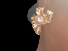 Load image into Gallery viewer, Giant Abstract Metal and faux pearl Flower Clip on Earrings
