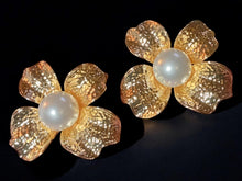 Load image into Gallery viewer, Giant Abstract Metal and faux pearl Flower Clip on Earrings
