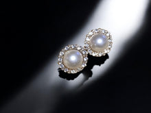 Load image into Gallery viewer, Rhinestone Faux Pearl Clip On Earrings, Gold Medallion Stud
