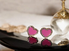 Load image into Gallery viewer, Pink enameled  Heart Stud Clip On Earrings gold
