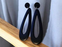 Load image into Gallery viewer, Classic Natural Wooden Hoop Clip On Dangle Earrings 4 inch black color
