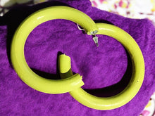 Load image into Gallery viewer, Chunky Natural Wood Hoop Earrings Brown 3 inch handmade handpainted bright yellow
