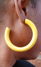 Load image into Gallery viewer, Chunky Natural Wood Hoop Earrings Brown 3 inch handmade handpainted bright yellow
