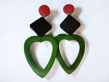 Load image into Gallery viewer, Hand carved Clip On wooden Heart Dangle Earrings 5 inch
