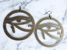 Load image into Gallery viewer, Egyptian Eye of Horus Wooden Earrings medium size brown
