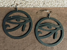 Load image into Gallery viewer, Egyptian Eye of Horus Wooden Earrings medium size black
