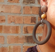 Load image into Gallery viewer, Large handmade handpainted Wooden Hoop Clip on Earrings
