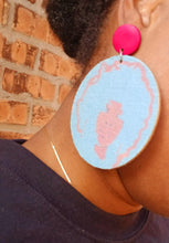 Load image into Gallery viewer, Afrocentric wood and denim Clip On Dangle Earrings

