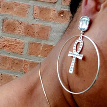 Load image into Gallery viewer, Rhinestone Ankh Hoop Earrings silver pierced ears
