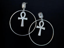 Load image into Gallery viewer, Rhinestone Ankh Hoop Earrings silver pierced ears
