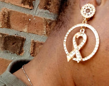 Load image into Gallery viewer, Clip On rhinestone ribbon  Awareness earrings handmade
