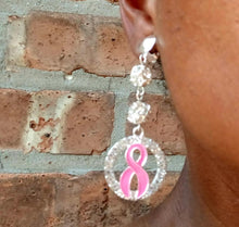 Load image into Gallery viewer, Clip On rhinestone Pink ribbon Awareness earrings handmade
