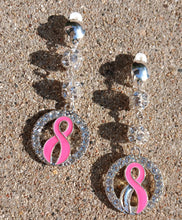 Load image into Gallery viewer, Clip On rhinestone Pink ribbon Awareness earrings handmade
