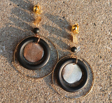 Load image into Gallery viewer, Large Wooden and metal Hoop Clip on Earrings black and gold
