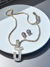 Load image into Gallery viewer, Rhinestone J Initial necklace and earrings set pierced ears 14k gold plated
