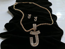 Load image into Gallery viewer, Rhinestone J Initial necklace and earrings set pierced ears 14k gold plated
