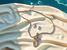 Load image into Gallery viewer, Rhinestone J Initial necklace and earrings set pierced ears 14k gold plated
