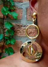 Load image into Gallery viewer, Handmade gold acrylic Multi Hoop and cowrie Clip On Earrings
