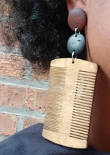 Load image into Gallery viewer, Handmade Minimalistic Afrocentric  Afro Pick Wooden Earrings brown pierced ears
