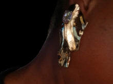 Load image into Gallery viewer, Brutalist large gold hammered metal Earrings pierced ears
